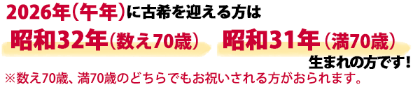 2026年(令和八年)に古希祝いをする方は昭和32年(数え年)、昭和31年(満年齢)生まれになります