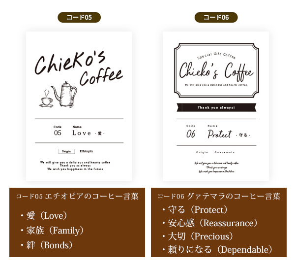 コーヒーギフト カリオモン 外装ラベルのデザインとコーヒー言葉｜詳細画像